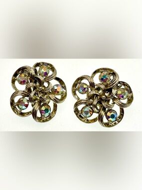 Vintage Silver Tone Aurora Borealis Rhinestone Floral Clip-On Earrings MCM